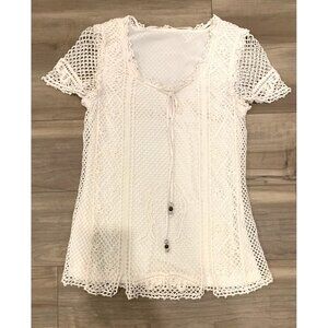 Christina V Crochet Lace Top Lined Womens Off White Medium Short Sleeve Beaded T